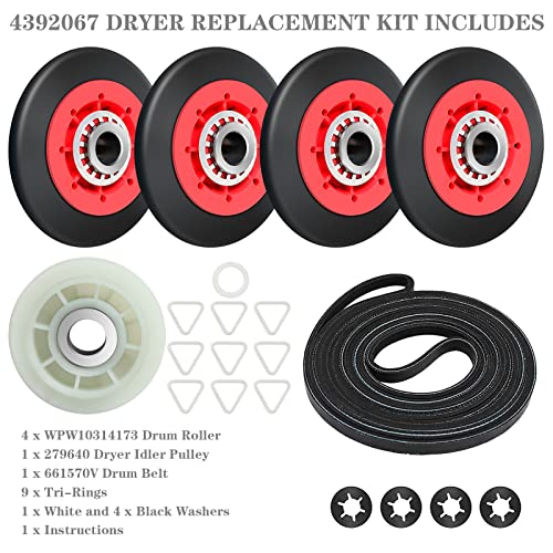 4392067 Dryer Repair Kit For Whirlpool, Maytag, Kenmore And More - Includes Wpw10314173 Drum Roller, 661570V Dryer Belt And 279640 Idler Pulley - Baridwon Dryer Replacement Parts #TOP6