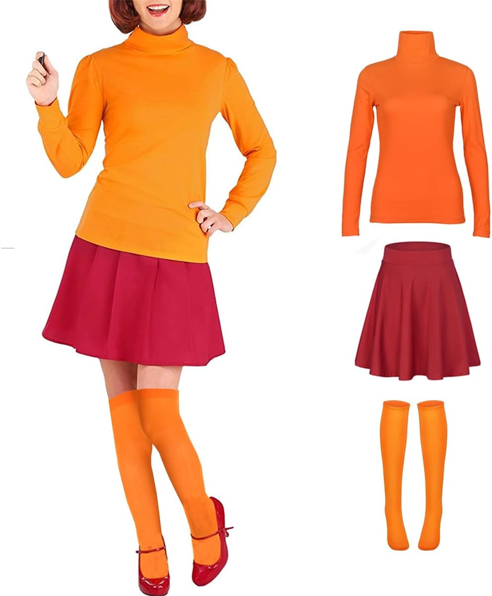 Smile Fish Women Velma Costume Adult Includes Orange Turtleneck Sweater, Red Skirt, Orange Socks