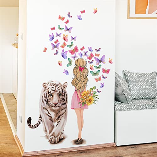 Tiger Girl Wall Sticker Mural Fairy Purple Butterfly Flower Sticker Background Diy Decorative Girl Children's Bedroom Living Room Mural #TOP1