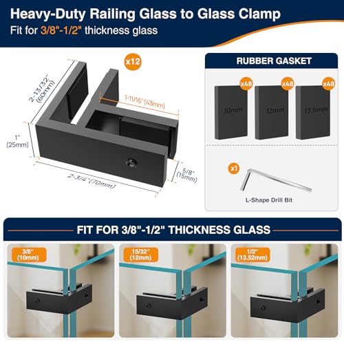 Image of 12 Pack Corner Railing Glass to Glass Clamps, Double Side Glass Clip | No Drilling in Glass, T304 Stainless Steel, Fits 3 /8 inch-1 /2 inch Glass Thickness, Modern Black, Suitable for Fence, Pool, Balcony