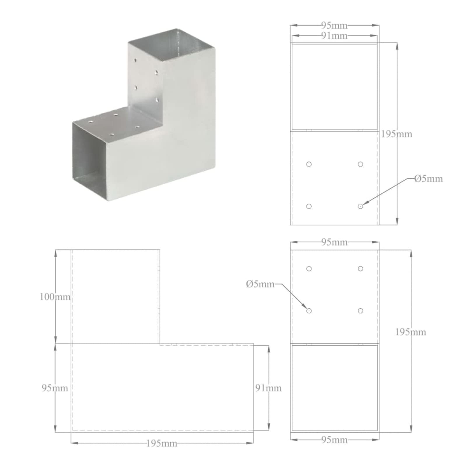 Conectores de Postes en L 4 uds Metal galvanizado 91x91 mm, Anclajes, Postes, Connex - SPU:145470