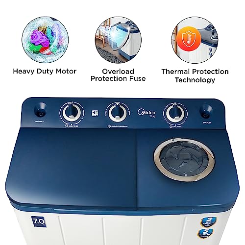 Image of Midea 7 KG Semi Automatic Top Loading Washing Machine Appliance, Rust proof Body, Air Dry Function with 1350 RPM (MWMSA070PCH, Blue White)