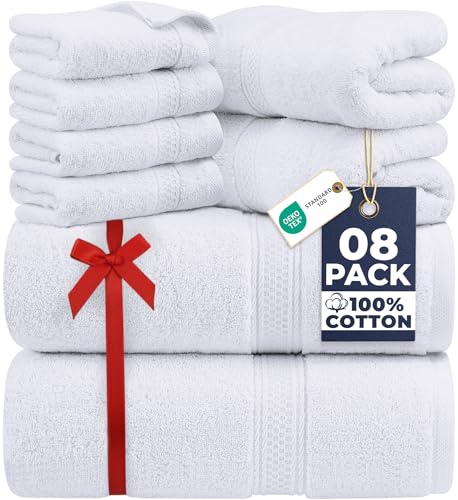 Utopia Towels - Juego de Toallas Premium de 8 Piezas, 2 Toallas de Baño, 2 Mano y 4 Toallitas - Algodón - para Casas, Hoteles y Spas, Altamente Absorbentes (Blanco)
