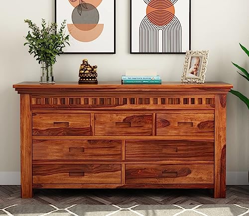 Image of Solid Sheesham Wood 7 Drawer Chest | Stylish Multipurpose Dresser Cabinet for Living Room, Bedroom, Hall & Kitchen Storage | Modern Sideboard in Honey Finish