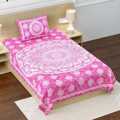 Image of RajasthaniKart Pure 100% Cotton Single Bed Sheet with 1 Pillow Cover (Bedsheet for Single Bed Cotton, Pink Star)