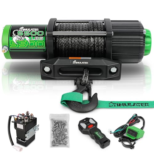 STIMULATER 5500LB ATV/UTV Winch 12V Electric Winch Winch with 1/4 x 50 Synthetic Rope with Wireless Remote and Wired Switch with Hawse Fairlead&Hook IP67 Waterproof Suitable for Most ATVs and UTVs