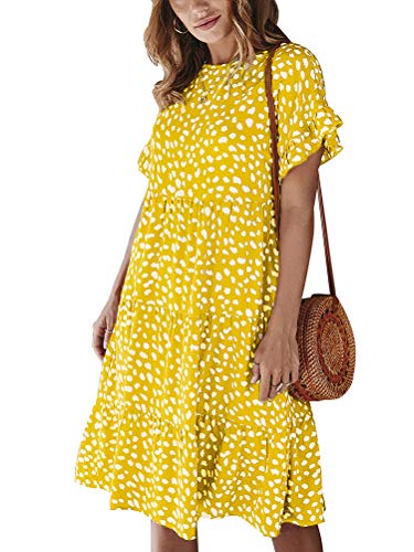 Onsoyours Freizeitkleider Für Damen Boho Polka Dot Kleider T-Shirt Kleid Rüschenärmel Casual Kurzarm Plissee Bluse Kleid Rundhals Lose Tunika...