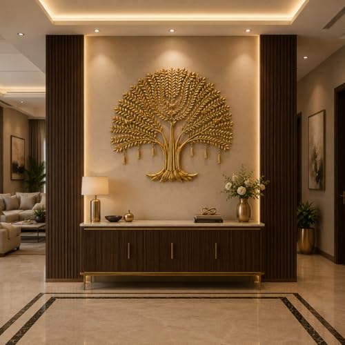 Image of Bharat Art IRON CUCUMBER LED TREE Metal Wall Decor | Luxury Golden Tree Wall Art with LED Light | Modern Iron Wall Hanging for Living Room Bedroom Hall Office Home Decoration | 48x3x48 | CW391