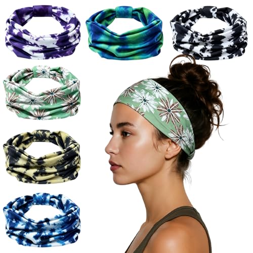 Image of HSEM Sports Headbands for Women - 6 Pack Stretchy Non-Slip Wide Hair Bands - Soft Thick Elastic Sweatbands for Workout, Washing Face, Makeup, Running, Spa & Daily Fashion 1 Green Floral 5 Mixed 2-10