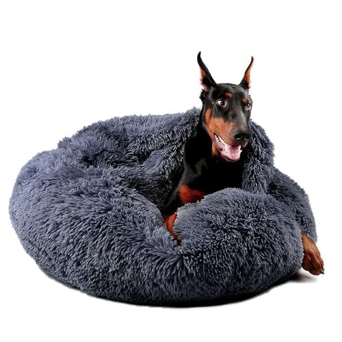 Image of Himax Dog Beds for Large Dogs, Donut Dogs Beds with Blanket Attached, Calming Dog Bed Washable (20 inch /26 inch /35 inch) Grey