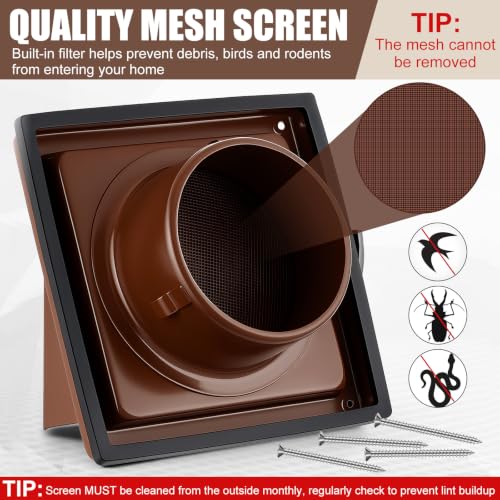 Image of Gisafai 4 Inch Dryer Vent Cover Outdoor with Stainless Steel Screen Brown Wall Dryer Exhaust Vent Cover External Cap Cushioned Non Return Flap with Sealing Gasket Grille, Bird /Insect Proof
