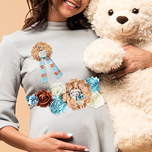 Hombae Blue Teddy Bear Maternity Sash Belt for Baby Shower Mommy To Be & Daddy To Be Badge Corsage Pin Set for Teddy Bear Baby Shower Decorations Supplies - Thumbnail 4