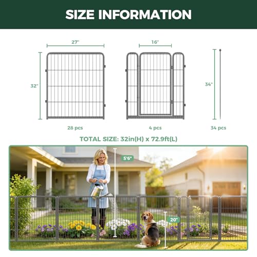 Image of FXW Garden Fence Outdoor for the Yard - 32in(H) x 72.9ft(L) Heavy Duty Metal Animal Barrier for Dog, No Dig Decorative Dog Fence, 32 Panels, Silver