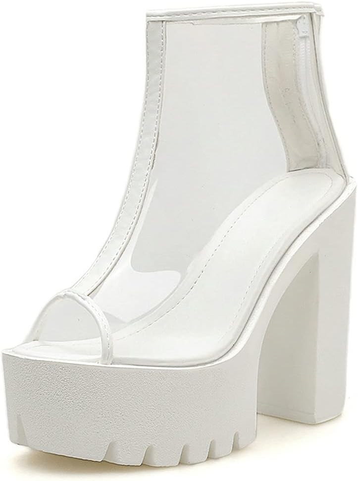 KOKOMOMO Womens Clear Platform Summer Boots Chunky Heel Peep Toe Ankle Booties