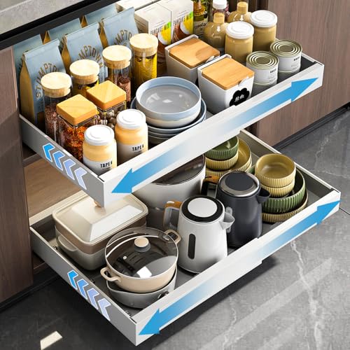 2 Packs Expandable Pull Out Cabinet Organizers Adhesive, 3 Slide Rails Slide Out Drawers for Kitchen Cabinet, No Drill Slide out Shelves for Home Kitchen Pantry, Adjustable Width 32-52CM,White