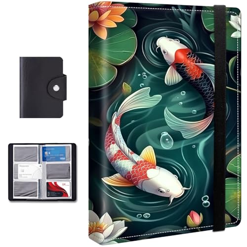 FXIANGWL Business Card Holder Book with Elastic Band, Holds 240 Cards, Large Capacity PU Leather Card Organizer with Black Card Bag, Heavy Duty Business Card Binder for Office, Koi Lily Pond
