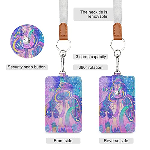 Colorful Mushrooms Psychedelic 60S Hippie Tie Dye Badge Holder With Lanyard, Id Cover Pu Leather 3 Cards Slots, Neck Wallet Case Security Snap Button For Worker Student Office School #TOP1