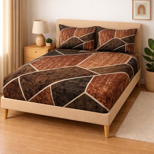 Image of Rome Warm Flannel Fitted Bedsheet with 2 Pillow Covers - 155 GSM Soft Bedsheet Set with Elastic Deep Pocket 90x100+10 Inches for Double Bed, AC Room & All Season Comfort -Brown