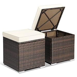 HAPPYGRILL 2 Pieces Patio Ottoman Set Outdoor Wicker Stool with Storage, Rattan Footrest Ottoman with Solid Metal Frame and Cushion for Backyard Poolside Garden Balcony