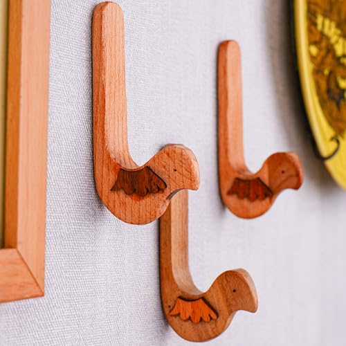 Indian Shelf 3 Hook, 6 Strips Cute Bird Decorative Adhesive Wall Hooks for Hanging Unique No Damage Wood Wall Hooks