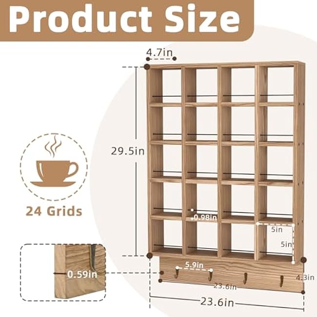 Wooden Coffee Mug Display Rack, Wall Mounted Coffee Cup Display Shelf, Hold 24 Mugs, Rustic Shot Glass Display Case, Coffee Mug Holder Organizer for Kitchen, Coffee Station (23.6 * 29.5in)