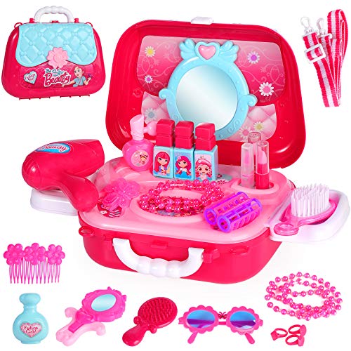 31 PCS Kids Princes Makeup Set Pretend Cosmetics Children Role Play Jewellry Kit Dress Up Kit with Carry Case Dressing Table Hair Dryer Nail Polish ToyBirthday Gif for Toddlers Girls