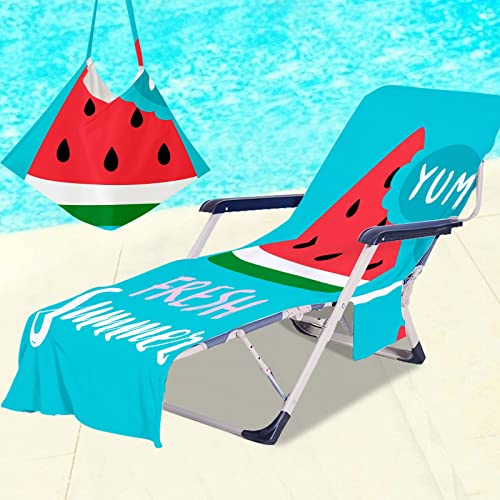 Surwin Sun Lounger Beach Towel with Pockets, Tropical Fruit Print 3D Summer Beach Chair Cover Chaise Lounge Towel Cover Mate Sunbed Towels For Holiday Garden Outdoor Pool (75x210cm,Blue)