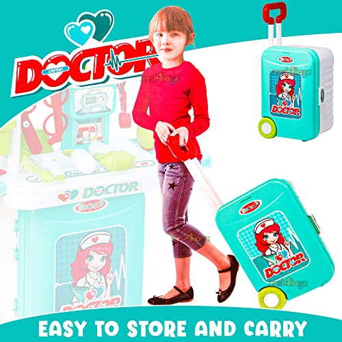 Image of Zest 4 Toyz Pretend to Play Toy Doctor Set Case Workbench 3 in 1 Doctor Nurse Medical Box with Suitcase Trolley | Doctor Play Set for Toddler Boys Girls (Blue)
