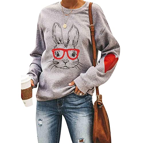 Loalirando Sweat-Shirt à Manches Longues Femme Imprimé Lapin, Haut Lâche et Décontracté Casual Pâque (Gris, M)