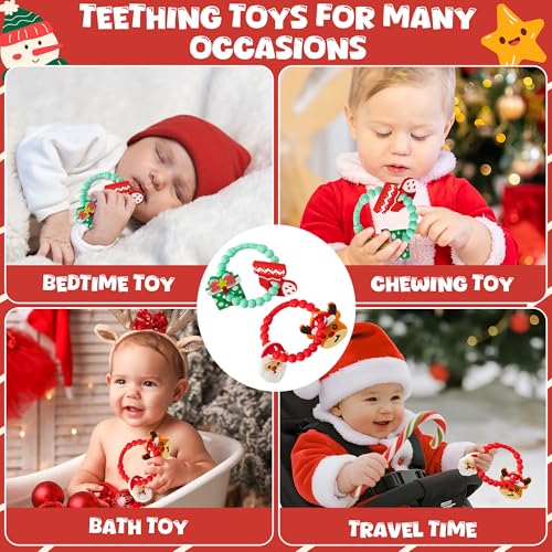 Image of Christmas Baby Silicone Teether Toys - 2ooya 2Pcs Deer Gift Teething Ring Infant Soft Teether Toddler Sensory Chew Toy with Rattles for Newborn to Soothe Sore Gums The First Christmas Gifts for Babies