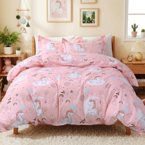JSD Pink Unicorn Kids Duvet Cover Set Twin Size, 2 Piece Girls Print Microfiber Comforter Cover with Pillow Sham Zipper Closure, Comforter Not Included
