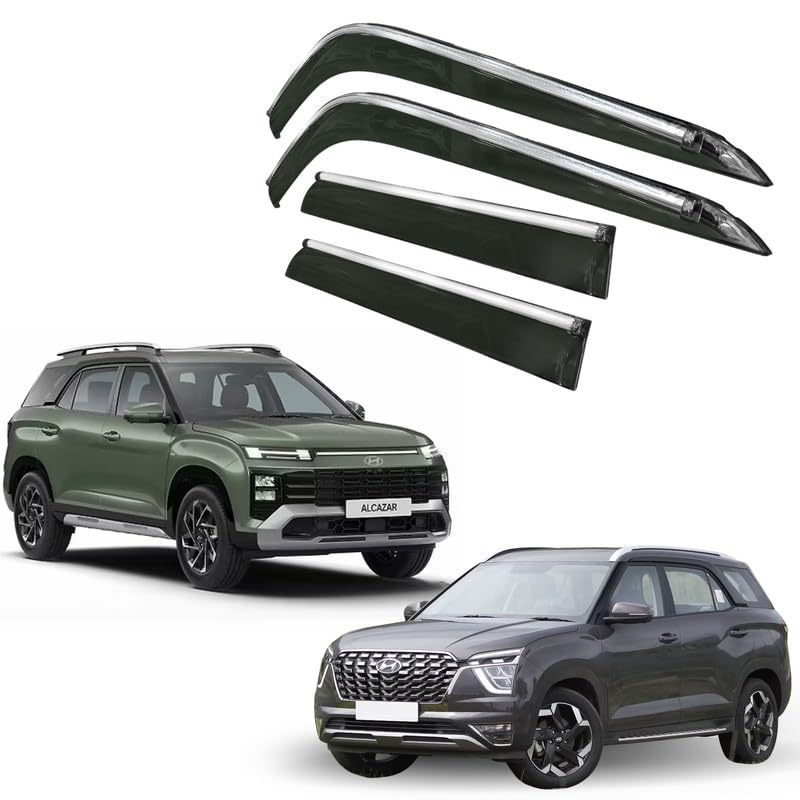 Image of CAR SAAZ Side Door Visors for Alcazar (2021-2023)(Set of 4Pcs)|Chrome Lined Rain Guards, Polycarbonate, Smoke Finish