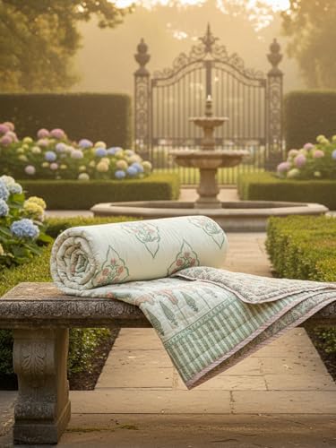 Image of Firdaus 100% Cotton Reversible AC Comforter Blanket Quilt Razai | Winter Summer All Season Dohar | Skin-Friendly Bedding | Handblock Printed Gift for Home Decor | Jaipuri Single Bed Comforter