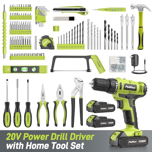 PULITUO 199-Piece Power Tool Set with 20V Cordless Drill Driver, Electric Screwdriver, 2 Batteries, Charger, LED Light and Toolbox, Home DIY Drill Set for Women and Men(Green) - Image 2