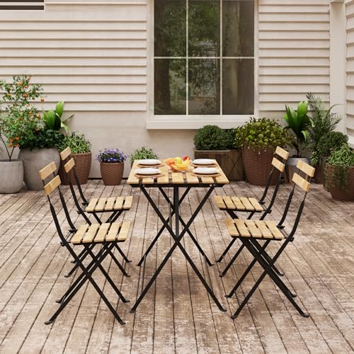 casa.pro Set Mobili da Giardino Tavolo e 4 Sedie Pieghevoli Arredo da Esterno Set Pranzo da Patio Balcone Terrazza - Acciaio Nero/Legno di Acacia