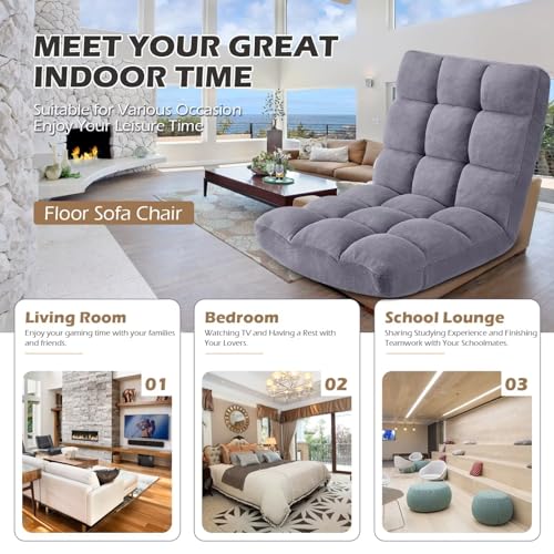 Image of Folding Floor Gaming Chair 14-Poistion Cushioned Adjustable Floor Lazy Sofa Chair w /Breathable Cotton & Skin-Friendly Coral Velve for Adults & Kids Perfect for Reading Gaming Meditating, Grey