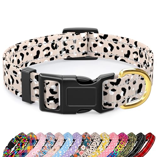 Reflective Dog Collar for Medium Dogs, Cute Leopard Style Adjustable Heavy-Duty Nylon Puppy Collar for Boy and Girl Female, Soft Pet Accessories with Quick Release Buckle, Beige