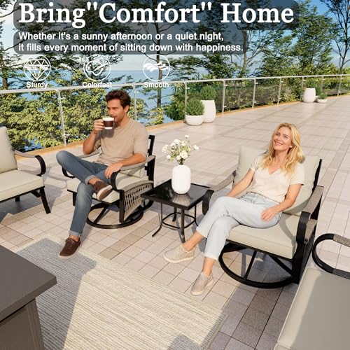 Image of 10-Piece Outdoor Furniture Set, Metal Swivel Rocking Chairs with All-Weather Cushions, Patio Conversation Set with Fire Pit Table for Deck, Porch, Garden, Backyard, Poolside (Beige Cushions)