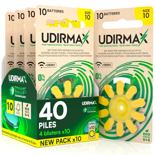 40 Piles Auditives Taille 10 Udirmax PR70 Jaune Zinc-Air Eco Pack - 4 Blisters Écologiques de 10 Piles