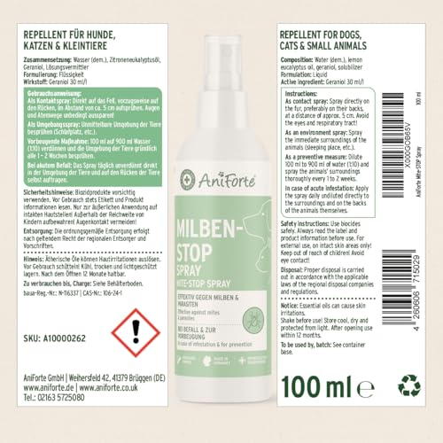 AniForte Milbenspray für Hunde & Katzen 100 ml - Antimilbenspray zur effektiven Abwehr von Insekten, Parasiten & Ungeziefer, Milbenstop & Milbenschutz bei Milbenbefall
