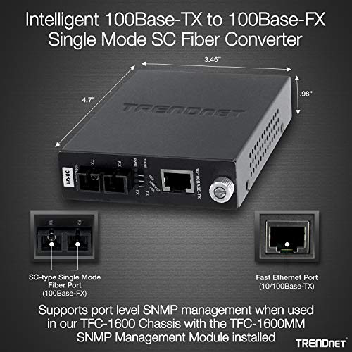 Image of TRENDnet Intelligent 10 /100Base-TX to 100Base-FX Single Mode SC Fiber Media Converter (30Km /18.6 Miles),Full-Duplex Mode, RJ-45 Port, Fiber to Ethernet Converter, Lifetime Protection, TFC-110S30i