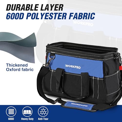 Image of WORKPRO 16-inch Wide Mouth Tool Bag with Water-Proof Molded Base | Multi-Pocket, Heavy Duty Cloth, Adjustable Shoulder Strap, Double-pull Zipper, Suitable for Workshops, Outdoor Projects