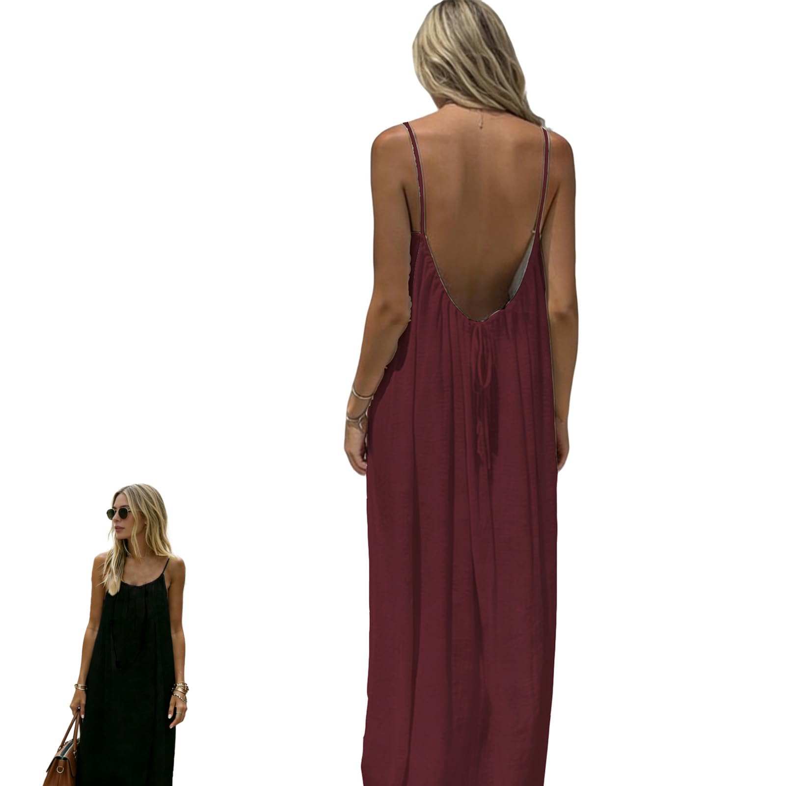 Eowduk Women's Red Backless Cami Dress, Casual Backless Spaghetti Strap Maxi Dress, Solid Color Cami Lounge Dress For (,4Xl)
