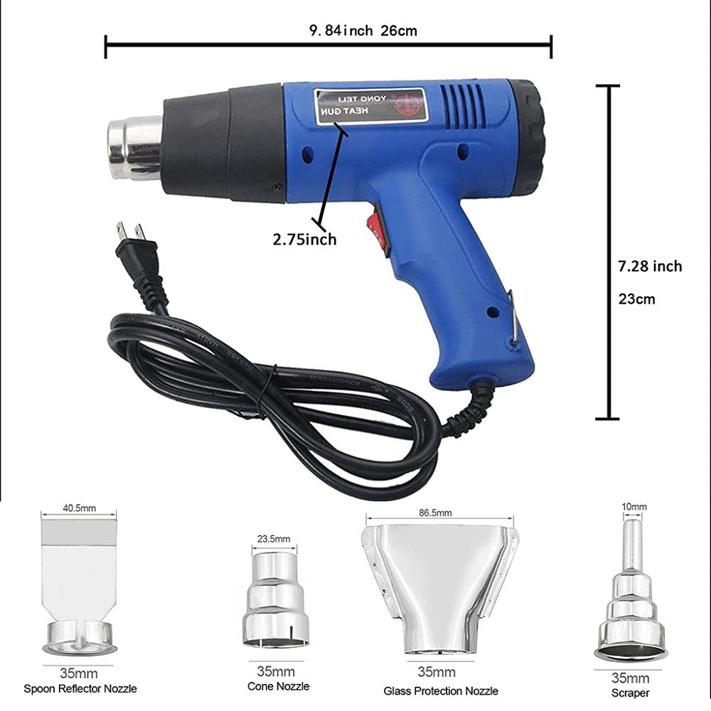Pistolet à Air Chaud 1500W, Pistolet Thermique avec 4 Buses, avec 2 Contrôles de Température, Noyau Chauffant en Mica, Pistolet à air chaud capable de PVC rétractable, Dégommage, Dessouder