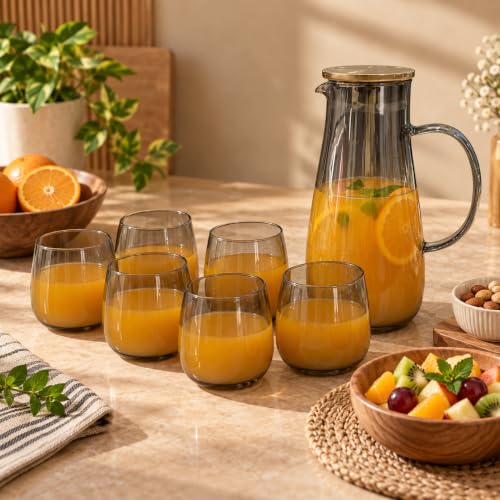 Image of bellemax 1.8 Litre Water Jug with Wooden Lid & 6 Black Juice Glasses Set | Premium Glass Water Jug Set for Home Kitchen | Juice, Water, Cold Drink Serving Set | Stylish Pitcher Set of 7 (BM-14)