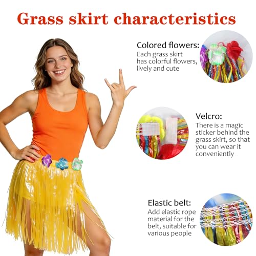 Image of Hajoyful Grass Skirt Hawaiian Luau Hula Skirts Party Decorations Favors Supplies Grass Skirts for Kids Elastic Hibiscus Flowers Tropical Hula Skirt for Party, Birthday, Celebration 12Pack