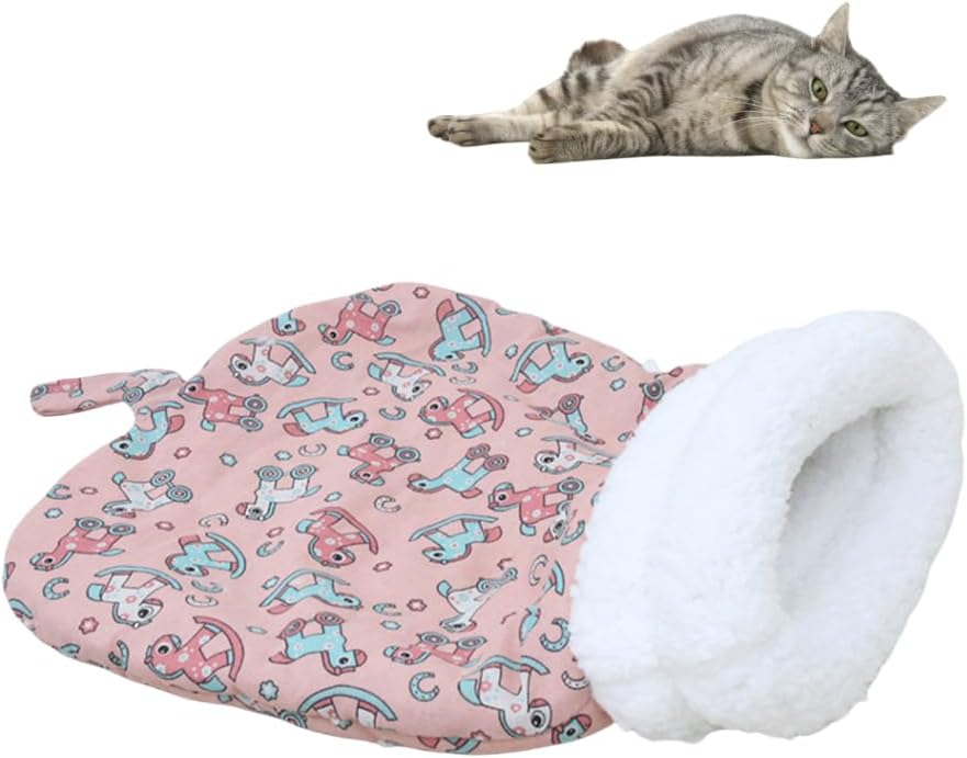 Cat Sleeping Bag for Indoor Cats - Cozy Winter Self-Warming Bed Cave, Soft Plush Sack, Covered Tunnel for Kittens (Pink, 19.7x13.8in)