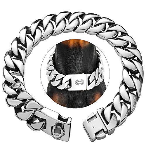 Silver Dog Collar Chain Big Cuban Link Choke Collars with Buckle 32MM Thick Stainless Steel Wide Metal Dog Necklace Collars for Large Pitbull (18")