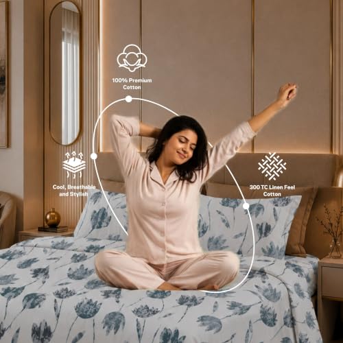 Image of Jaipur Weaves Cotton Linen Feel King Size Bedsheet 108x108 Super King, 100% Pure Cotton Bed Sheet with 2 Pillow Covers, 300 TC Soft Breathable Floral Design Bedding -(Tulips Blue, Super King)