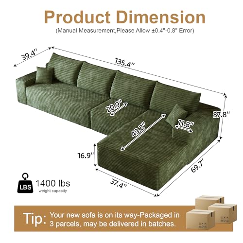 Image of 96 inch Sectional Couches for Living Room Cloud Couch Sofa with L-Shape Upholstered Boneless Couchs Modern Modular Sectional Couch with Chaise